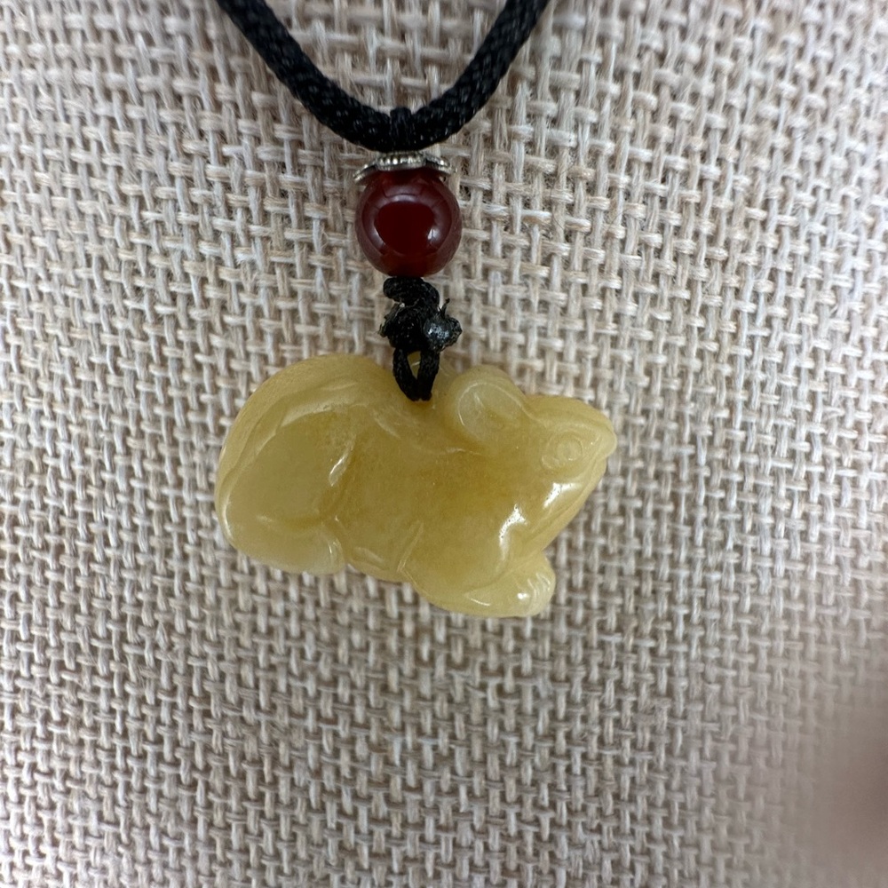 Yellow Jade Rat Carving Pendant Necklace on Black Adjustable Rope - Picture 6 of 16